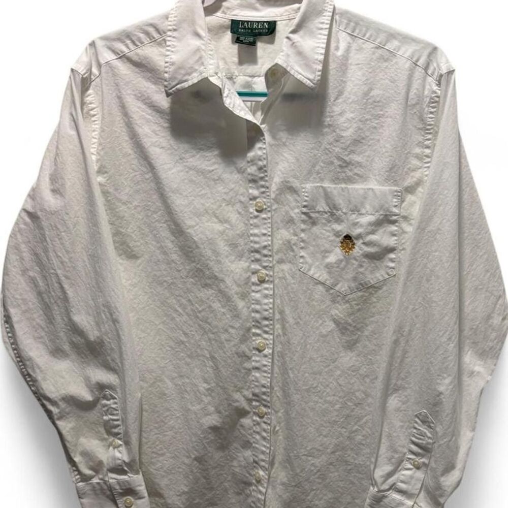 Lauren Ralph Lauren White Cotton Button Down Shirt Gold Crest Pocket